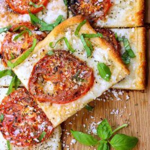 Roasted Tomato Basil Pizza is a pizza recipe with fresh tomatoes