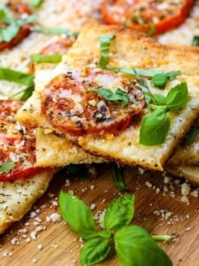 Roasted Tomato Basil Pizza is a pizza recipe with roasted tomatoes and fresh basil