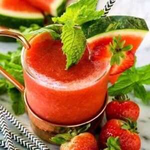 Frozen RumChata Strawberry Mule is a frozen strawberry cocktail with rumchata