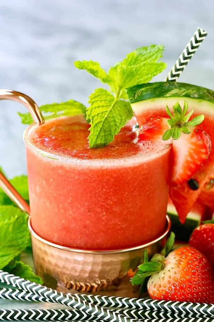 Frozen RumChata Strawberry Mule can be easily made in your blender