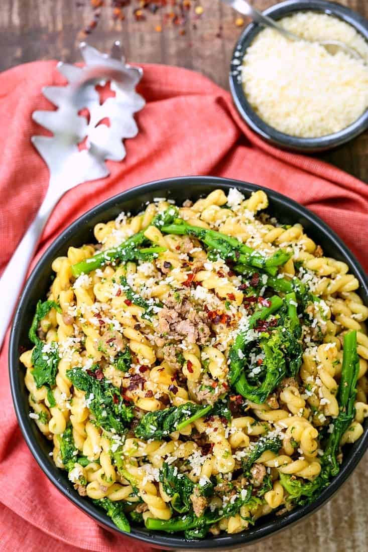 Pasta with Sausage and Broccolini is a simple pasta recipe with italian sausage, broccolini and parmesan cheese