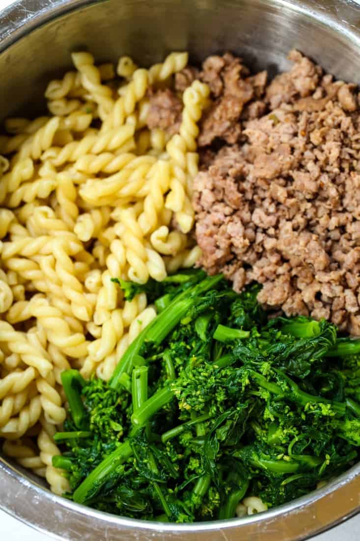 Pasta with Sausage and Broccolini show ingredients in a bowl