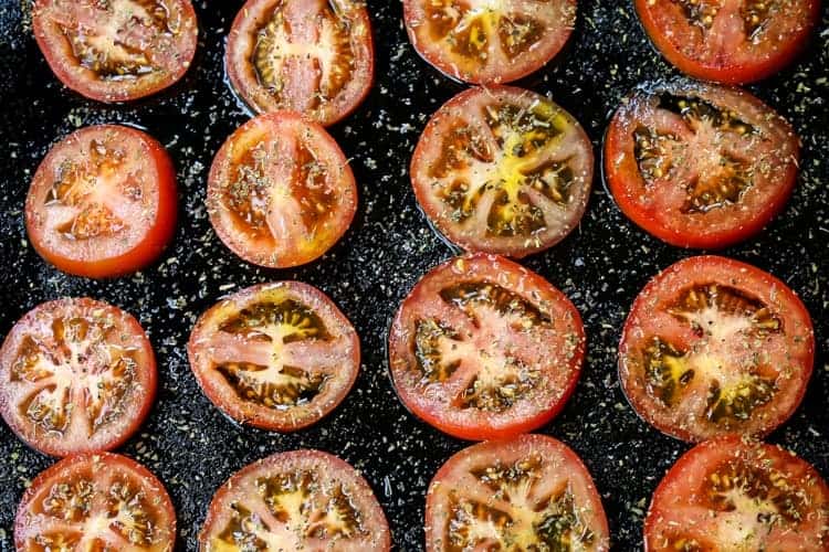 Roasted Tomato Basil Pizza starts with fresh, seasoned tomatoes that get roasted in the oven