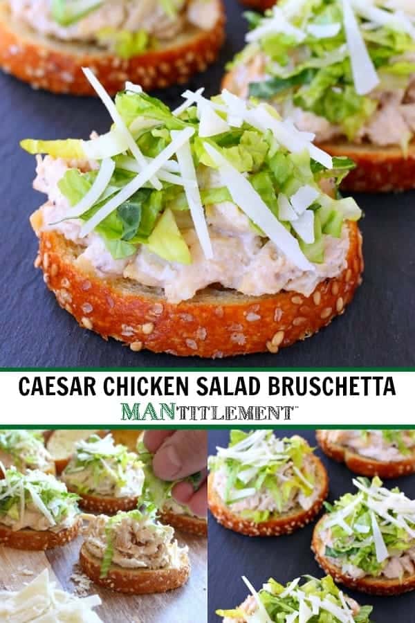 This Caesar Chicken Bruschetta is perfect for appetizers, snacks, or even a light dinner! Caesar Chicken Salad Bruschetta collage for Pinterest