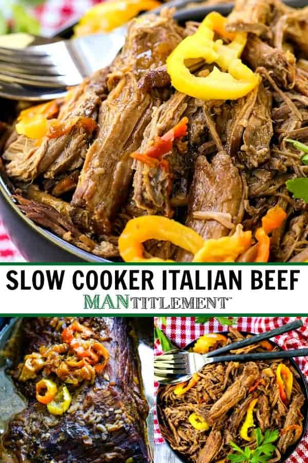 Pile this addicting Slow Cooker Italian Beef onto sub rolls, serve with mashed potatoes on the side or eat as is for a low carb meal! italian beef collage for pinterest