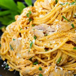 15 minute buffalo chicken spaghetti on a black plate with parlsey