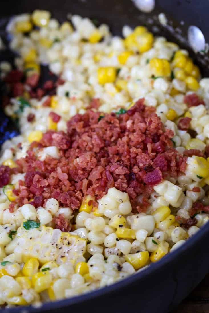corn and bacon in a skillet