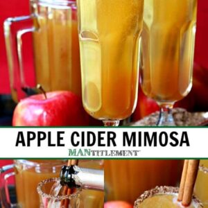 apple cider mimosas in glasses with cinnamon sticks