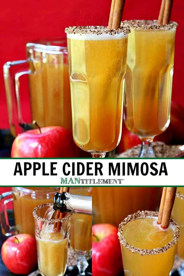 apple cider mimosas in glasses with cinnamon sticks