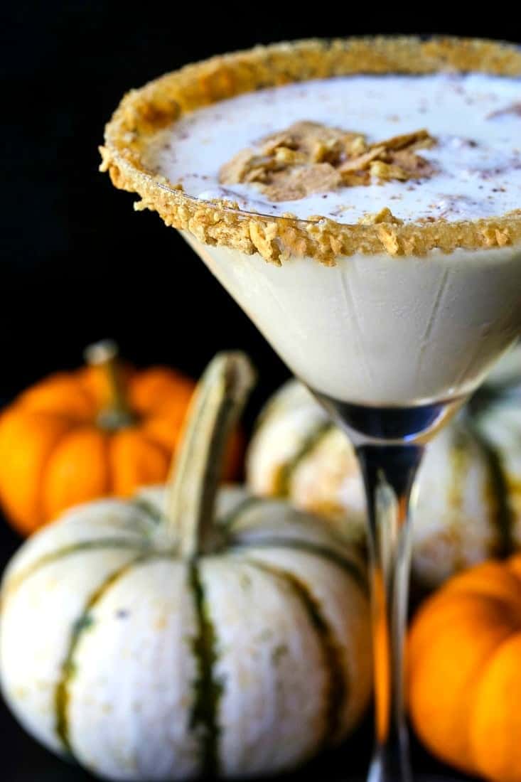 These Easy Thanksgiving Cocktails are going to be perfect for your Thanksgiving gathering! There's a drink recipe on here for everyone! rumchata pumpkin cheesecake martini with graham crackers on top