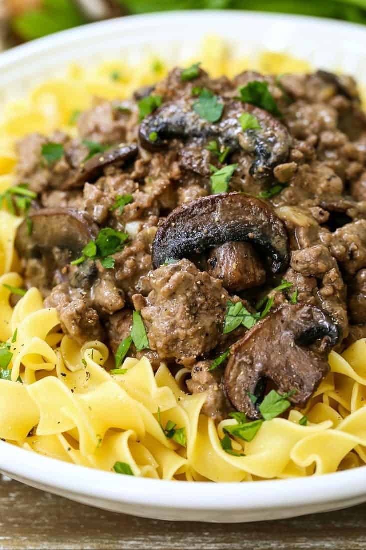 ground beef stroganoff over noodles