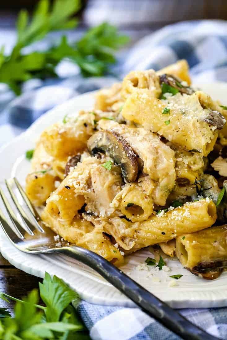 pasta with chicken and mushrooms on a white plate with a fork