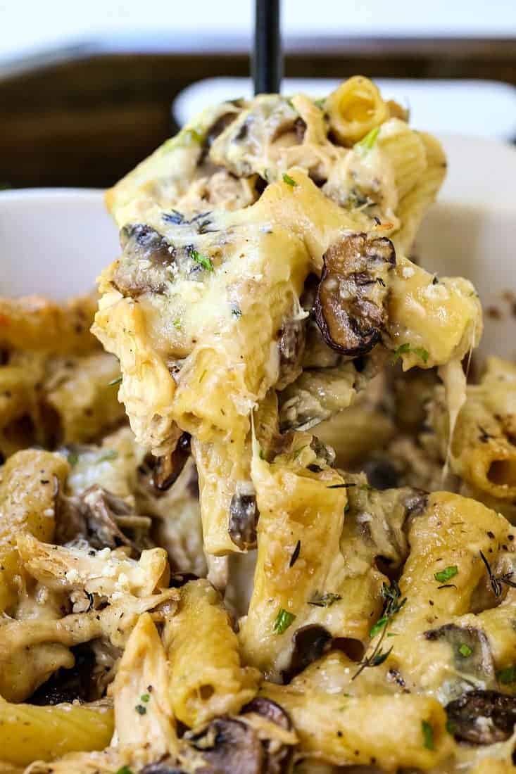 chicken marsala baked zit being spooned out of a casserole