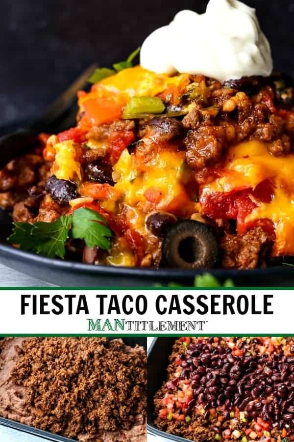 This Taco Casserole Recipe brings the party to dinner time! Loaded with seasoned ground beef, beans and cheese, your friends and family are going to come running to the dinner table! fiesta taco casserole collage for pinterest