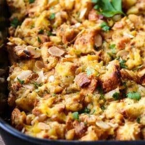 pineapple stuffing recipe in a black baking dish