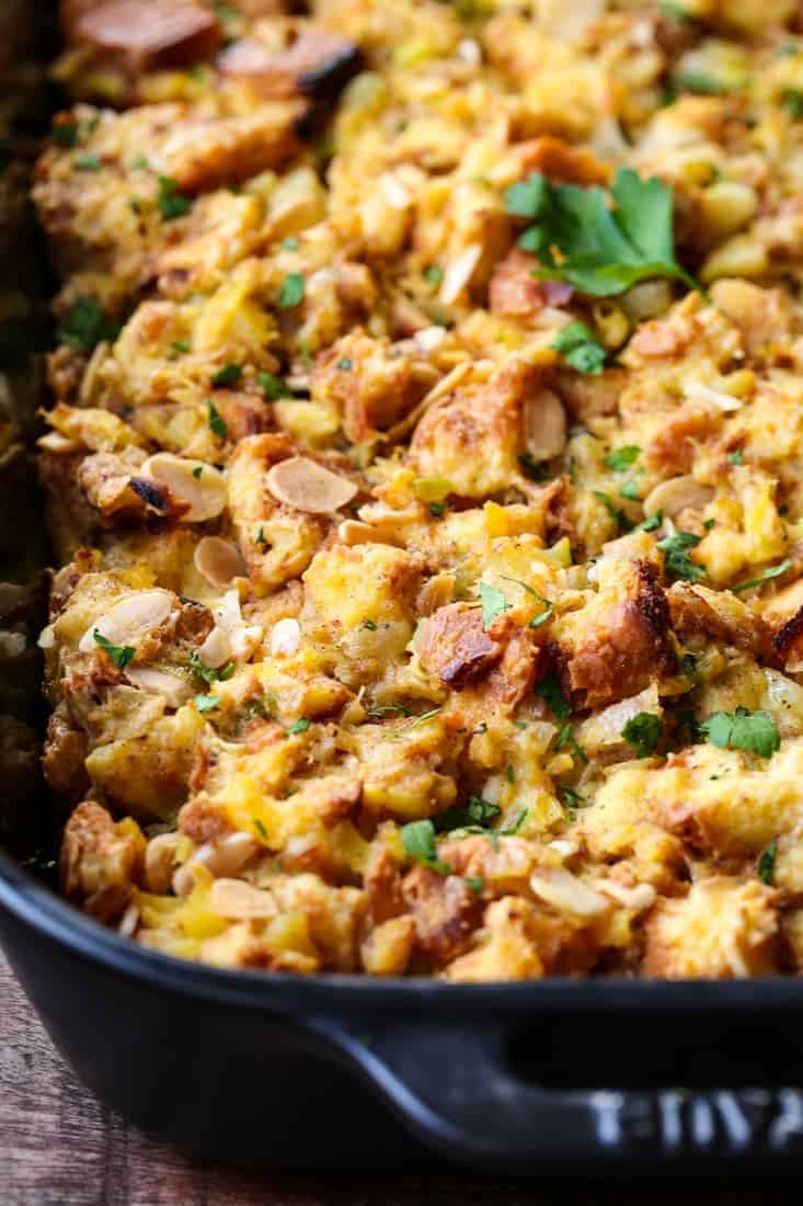 pineapple stuffing recipe in a black baking dish