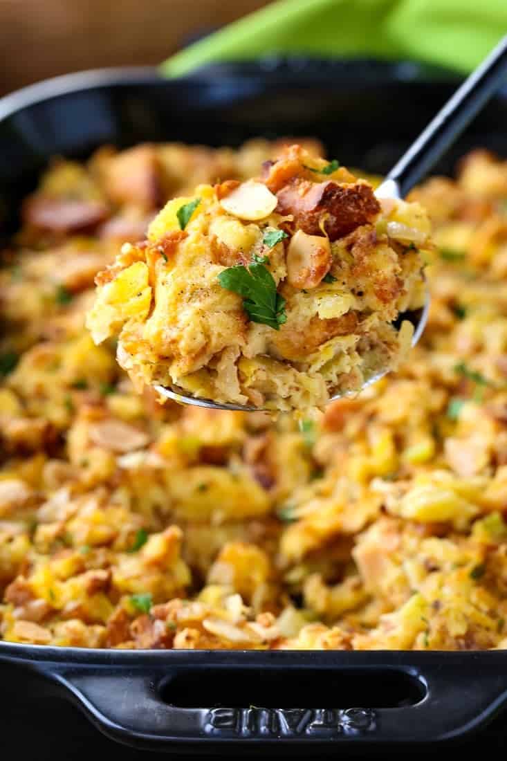 seriously delicious pineapple stuffing recipe on a serving spoon