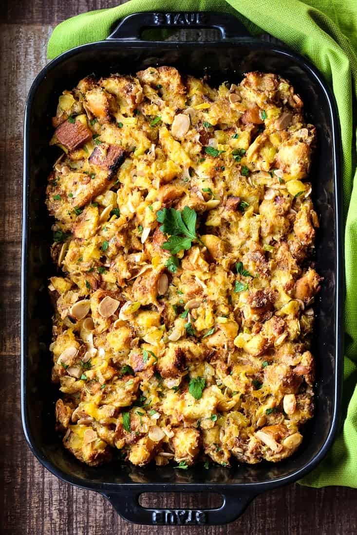 pineapple stuffing recipe in a baking dish with a green napkin