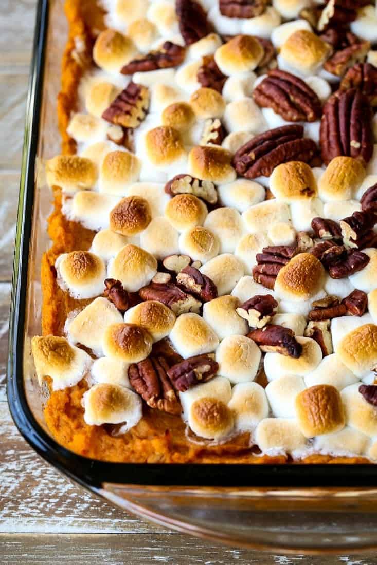 bourbon sweet potato casserole in a clear baking dish