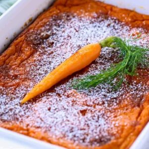 Brown Sugar Carrot Soufflé with powdered sugar on top