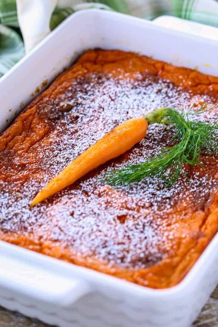 Brown Sugar Carrot Soufflé with powdered sugar on top