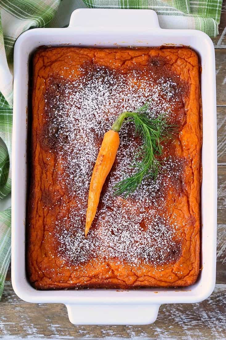 carrot soufflé recipe in a white baking dish