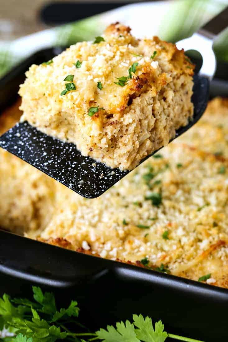 cauliflower gratin recipe on a spatula for serving