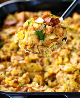 pineapple stuffing on a serving spoon