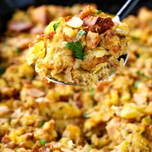 pineapple stuffing on a serving spoon