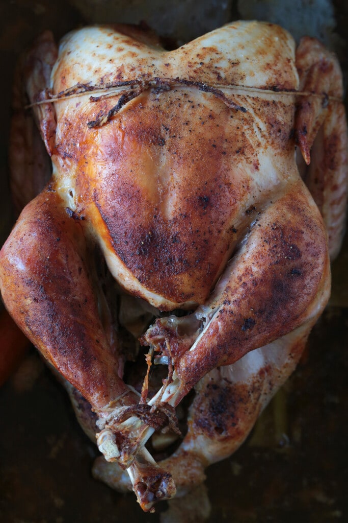 whole turkey in roasting pan after cooking