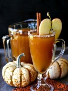 slow cooker spiked cider cocktail with pumpkins in the background