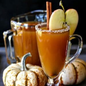 slow cooker spiked cider cocktail with pumpkins in the background