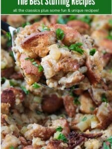 stuffing on a serving spoon with text overlay for pinterest