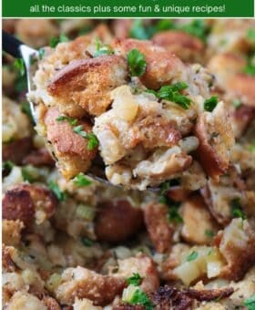 stuffing on a serving spoon with text overlay for pinterest