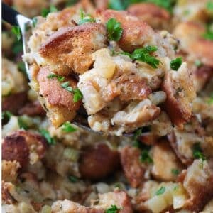 stuffing on a serving spoon with text overlay for pinterest