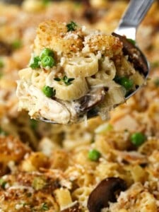 leftover turkey is used to make this pasta casserole recipe with vegetables in a cream sauce