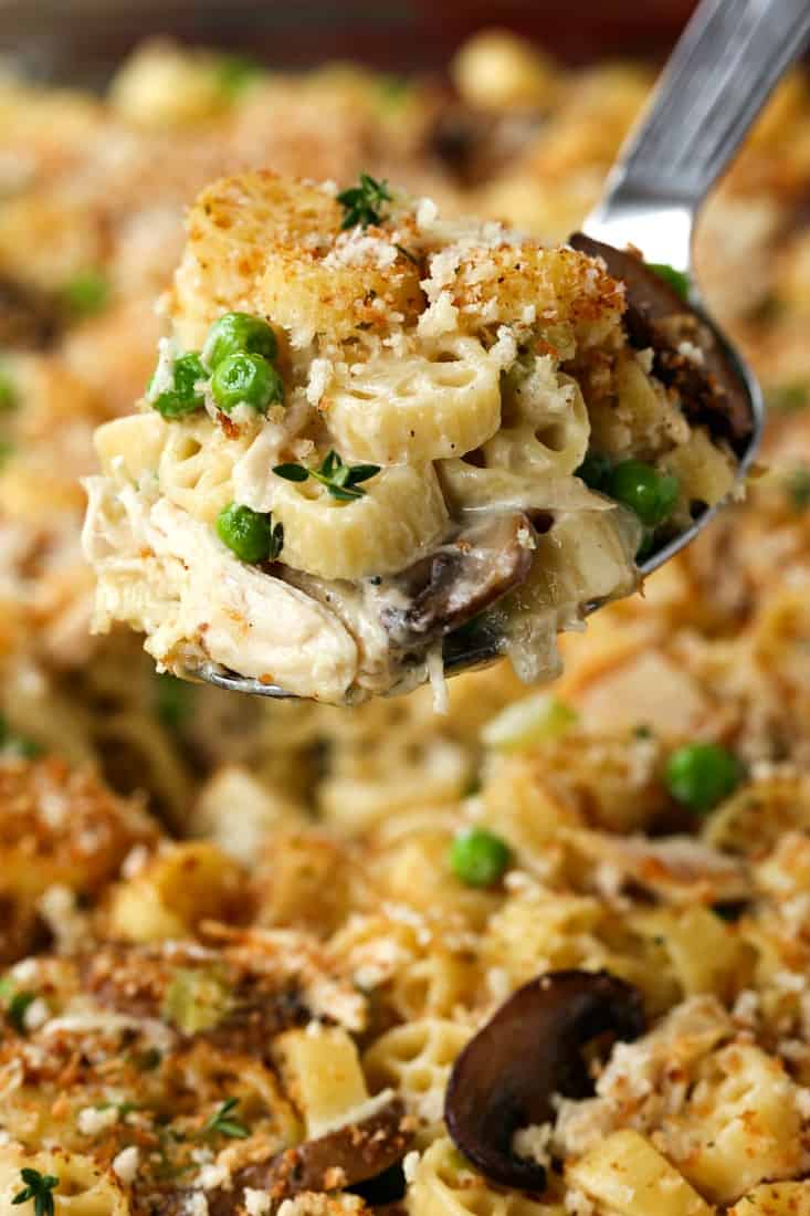 leftover turkey is used to make this pasta casserole recipe with vegetables in a cream sauce