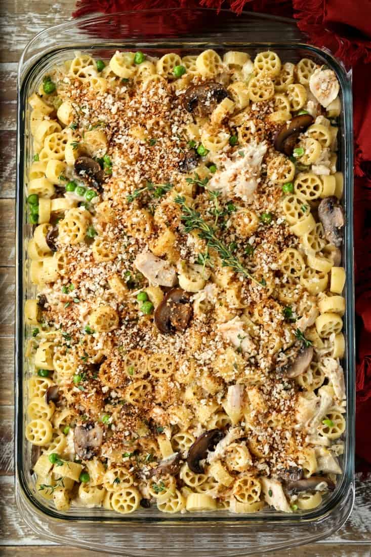 turkey and pasta casserole in a glass baking dish