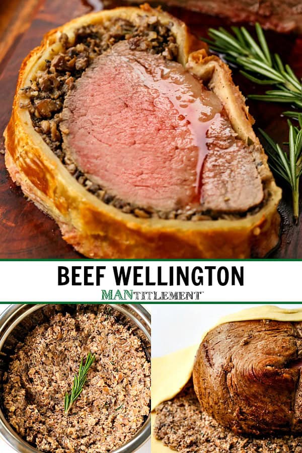 A collage with three images. First, a thick slice of beef wellington. Second, a bowl of mushroom duxelle. Third, beef tenderloin being wrapped in puff pastry.