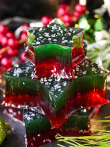 stacked jello stars decorated with christmas decorations