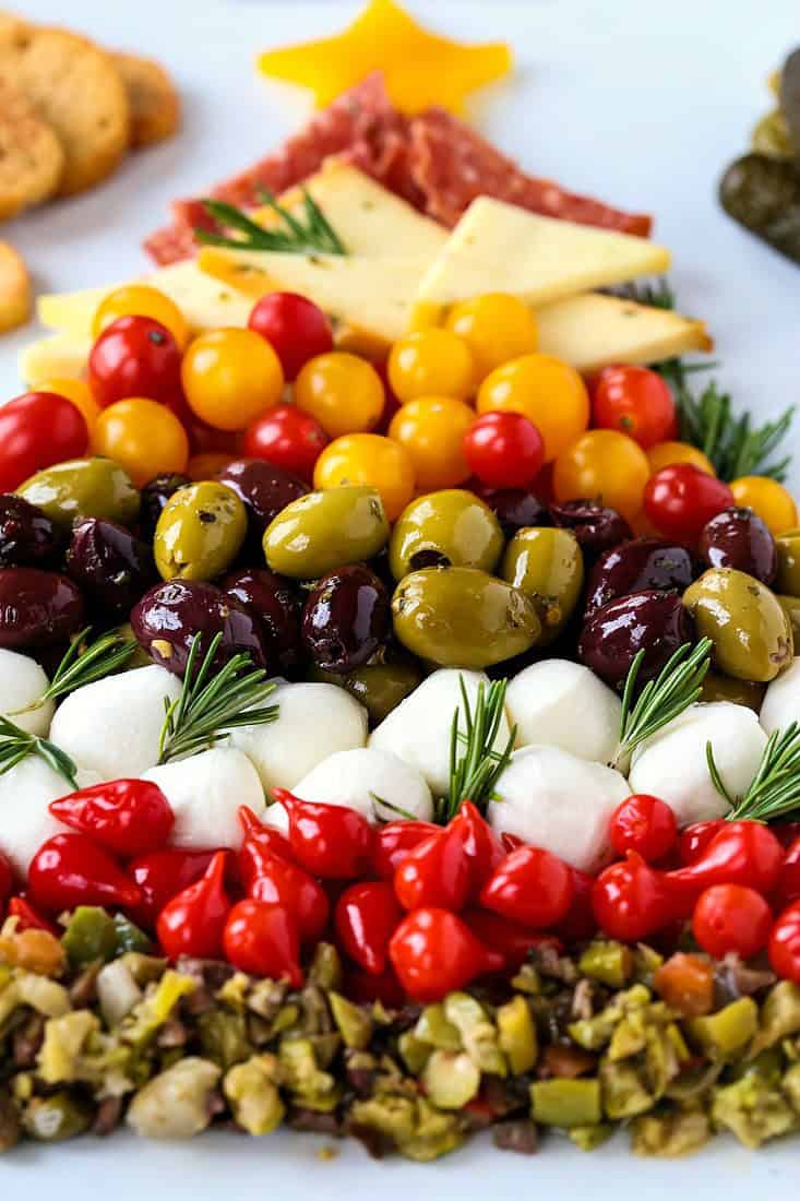 Christmas antipasto platter in the shape of a Christmas tree