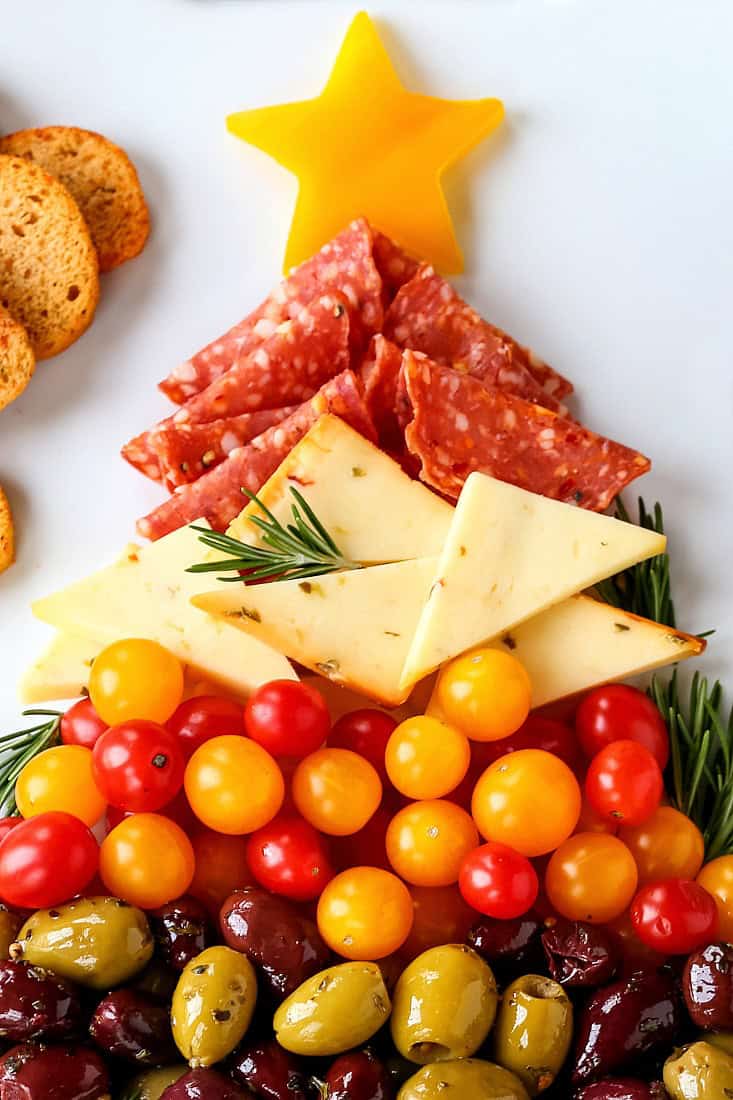 Antipasto platter in the shape of a christmas tree