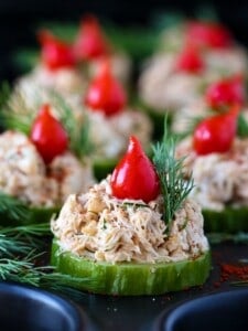 crab salad appetizers on a cucumber slice