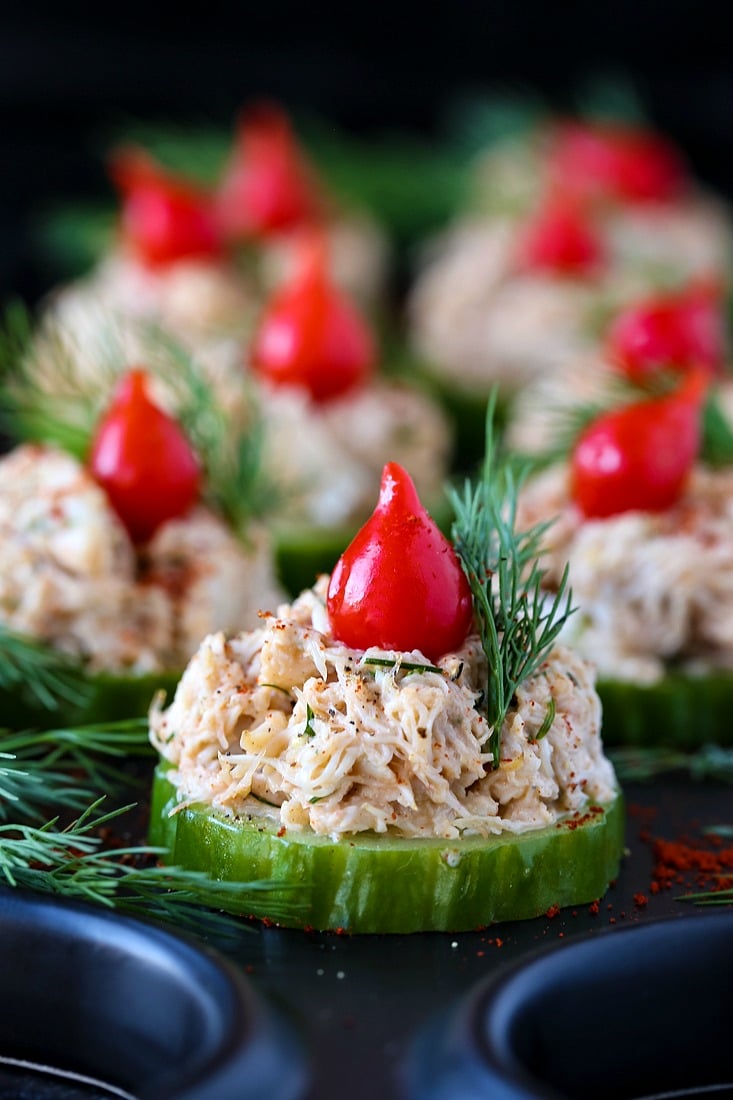 crab salad appetizers on a cucumber slice