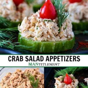 crab salad on top od a cucumber slice with a teardrop red pepper