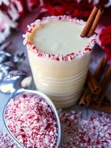 Peppermint eggnog cocktail recipe with crushed peppermints