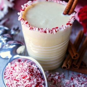 Peppermint eggnog cocktail recipe with crushed peppermints