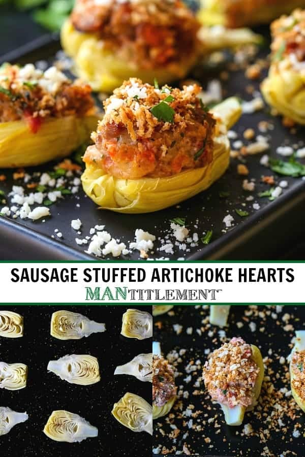 sausage stuffed artichoke hearts recipe for Pinterest