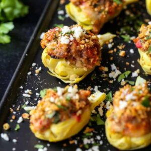 stuffed artichoke hearts with sausage, cheese and a bread crumb topping