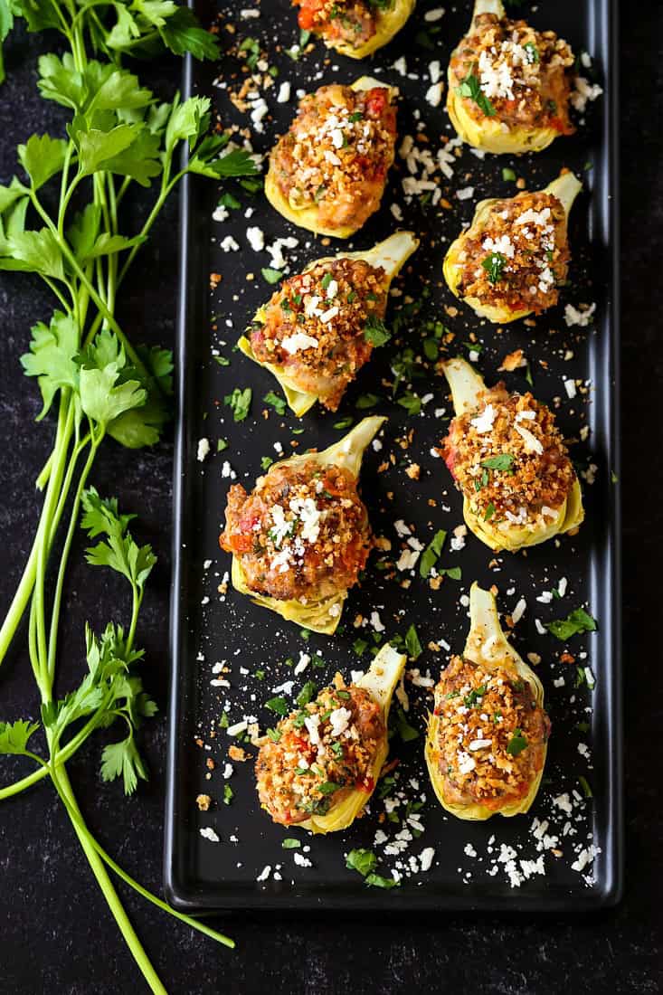 Stuffed artichoke hearts with sausage and cheese